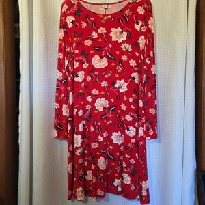 OLD NAVY RED LONG SLEEVE SOFT STRETCH FLOWY FLORAL TEE SHIRT DRESS SIZE LARGE